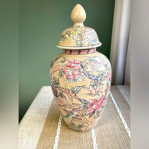 Porcelain Ginger Jar w/ Lid Hand Painted w/ Birds & Flowers Stamped Macau China